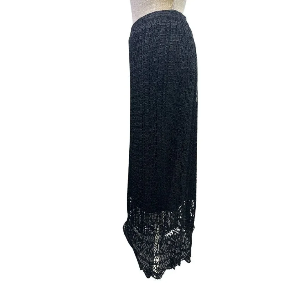 Chico’s Black Crochet Maxi Skirt Pull On Boho Lace Knit Long Skirt Sz 3